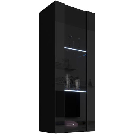 Vitrina colgante con LED  Armario  Mueble de Salón  Vitrina de pared  1 puerta 3 compartimentos  40x126x29cm  Modelo Nora V2  Negro brillo