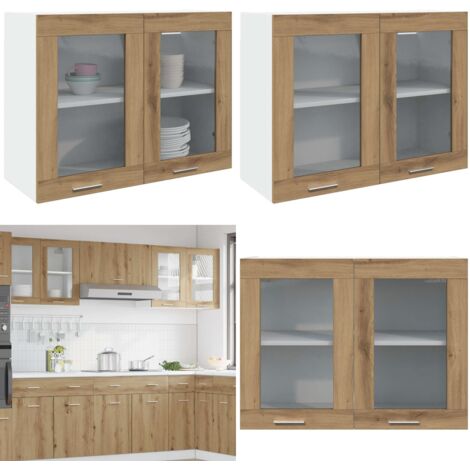Vitrina colgante "Lyon" roble artesanal 80x31x60 cm madera de ingeniería - Almacenamiento de cocina - Vitrina colgante