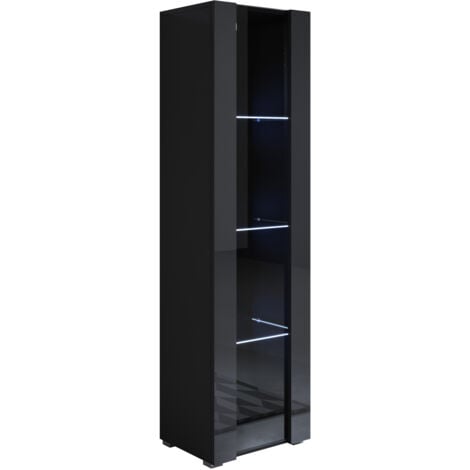 Vitrina con Patas 2cm  Armario  Mueble de Salón  Vitrina de pared  LED  1 puerta  40x167x29cm  Modelo Luke V5  Negro brillo