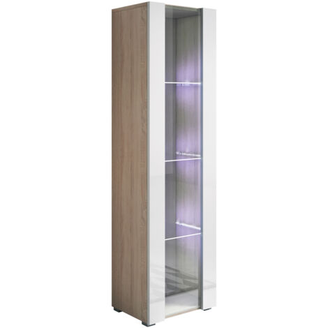 Vitrina con Patas 2cm Armario Mueble de Salón Vitrina de pared LED 1 puerta 40x167x29cm Modelo Luke V5 Sonoma mate y Blanco brillo