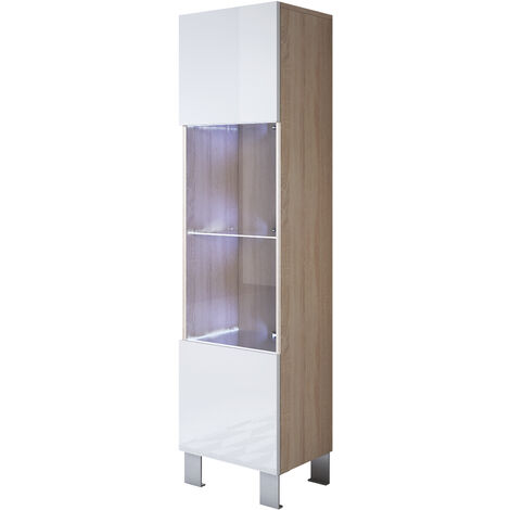 Vitrina con Patas de Aluminio 12cm con LED Armario Mueble de Salón Vitrina de pared 1 puerta 4 compartimentos 40x177x29cm Modelo Luke V6 Sonoma mate con Blanco Acabado en Brillo - Sonoma/White