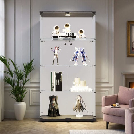 PERGAR Vitrina cristal de 4 estantes de vidrio templado, colección Living Room, iluminación regulable, diseño seguro para niños, puerta doble, base negra, 80,5x36,5x164 cm