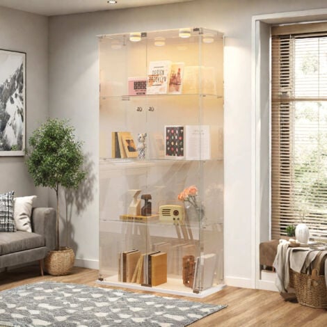 PERGAR Vitrina cristal de vidrio blanco - 78,5x35x163 cm - Vidrio templado - Expositor multifuncional de 4 niveles con puertas dobles - Ideal para dormitorio y salón