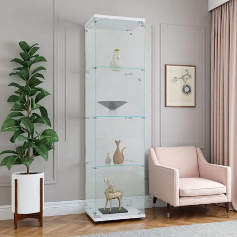 PERGAR Vitrina cristal de vidrio templado de 4 niveles, irrompible, con una sola puerta, con tirador y cerradura de metal, base blanca, 42,5x36,5x164 cm