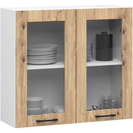 Vitrina de cocina colgante alta AKORD Blanco 80 cm 2 puertas frente en color Roble Artisan 80x30,5x72 cm