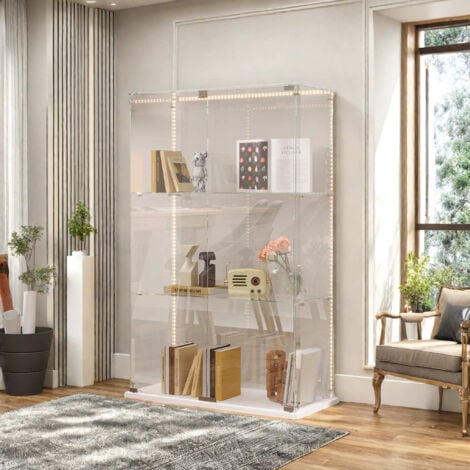 PERGAR de cristal de 3 niveles con doble puerta, multifuncional, con LED regulable, vidrio templado, base blanca, 78,5x35x123,3 cm