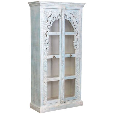 Vitrina de madera artesanal blanco y azul, 91x40x180h cm