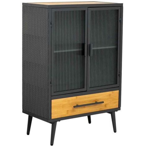 Vitrina de metal, madera y vidrio 1 cajón, negro61x32x90,5h cm