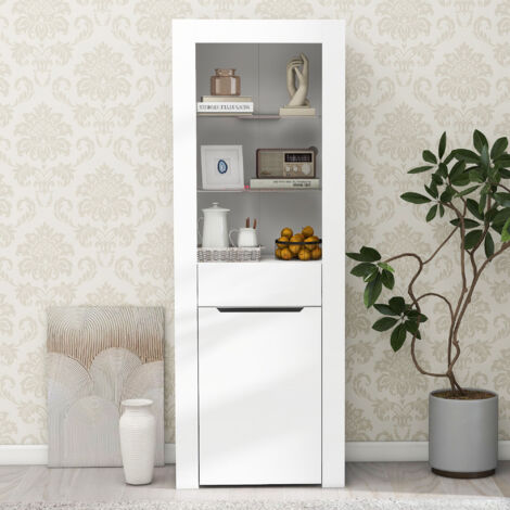 Vitrina, Estantería de almacenaje, LED, 165 x 60 x 35,5 cm, Para cocina, salón, despacho, Blanco