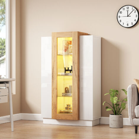 Vitrina para salón 74x40x120 cm con LED estantería con puertas transparentes y cajón moderna aglomerado blanco y natural