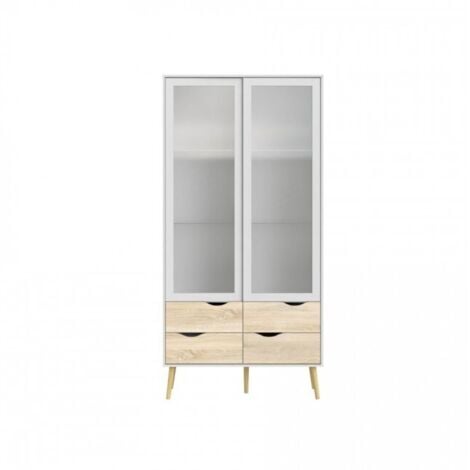 Vitrina para salón en blanco mate y roble con dos puertas y cuatro cajones 200 cm - Gladiolo
