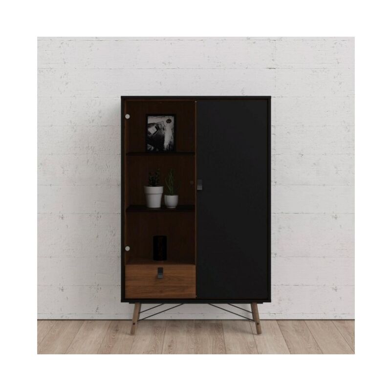 

Caesaroo - Vitrina salón 162 cm Negro mate y Nogal con dos puertas y un cajón | Negro y nogal