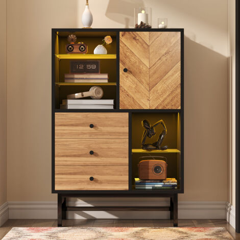 Vitrina tipo buffet con tira de luz LED de 12 colores, cajones y estantes de vidrio, veta de madera triangular, 80 cm de largo x 40 cm de ancho x 120,5 cm de alto