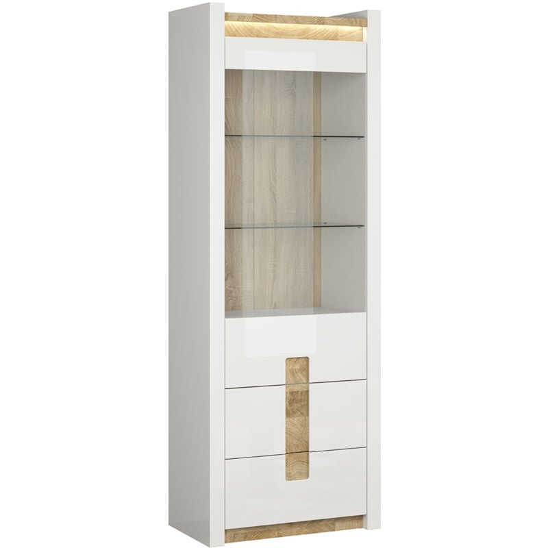 Petits-meubles - Vitrine 1 porte 2 tiroirs avec led Helios Blanc laqué et Bois