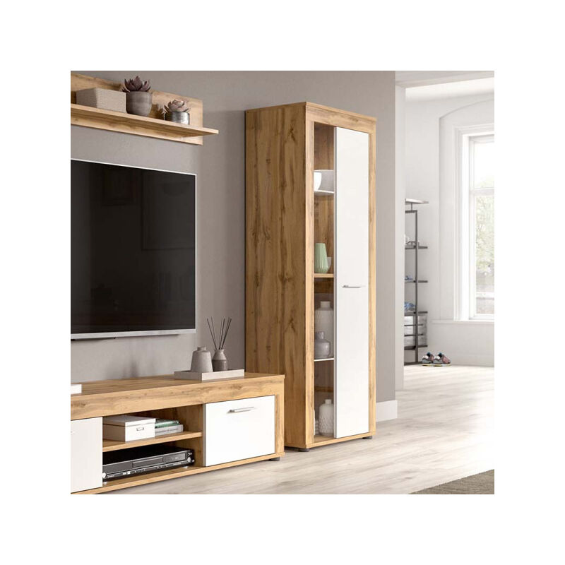 TMM - Vitrine 1 porte battante Blanc/Bois - maj - Dimensions : l 60 x l 35 x h 159 cm
