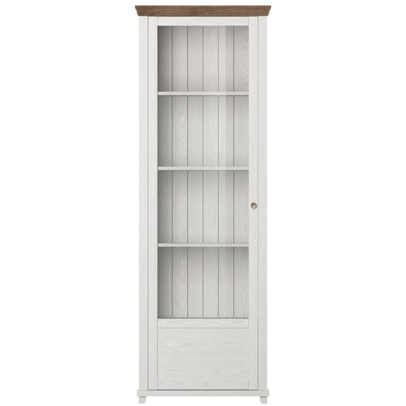 Meublorama - Vitrine 1 porte collection assia. Couleur frêne blanc et chêne. Ouverture gauche