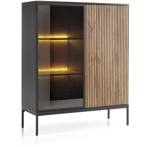 Vitrine 104 cm Haller - Glasvitrine 104 cm - Glastür, Lamellen, LED-Beleuchtung - Loft Stil (Wotan Eiche / Schwarz)