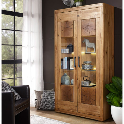 Vitrine 110cm mit Beleuchtung, Wildeiche massiv geölt, montiert, WINNIPEG-69