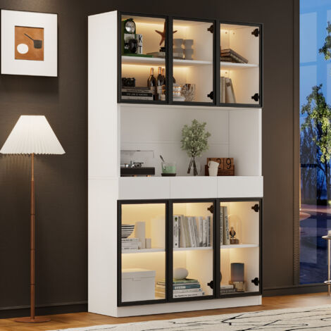 Vitrine 120x30x200 cm avec éclairage LED et étagères de rangement à plusieurs niveaux blanc