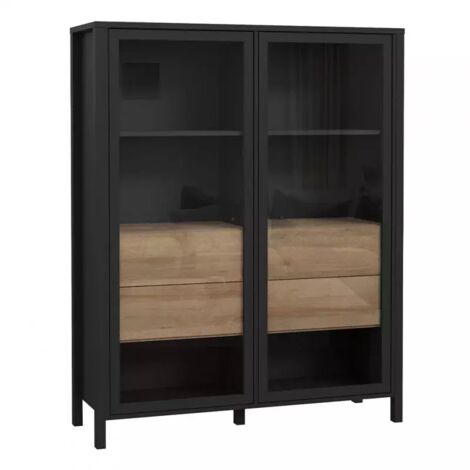 Vitrine 121 cm 2 portes 4 tiroirs décor bois de chêne et noir - MODE