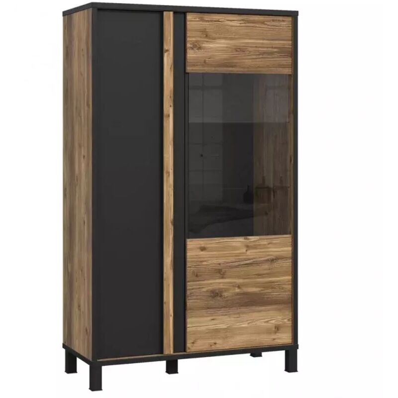 Meubletmoi - Vitrine 159 cm 2 portes décor bois et noir et pieds métal noir - celia