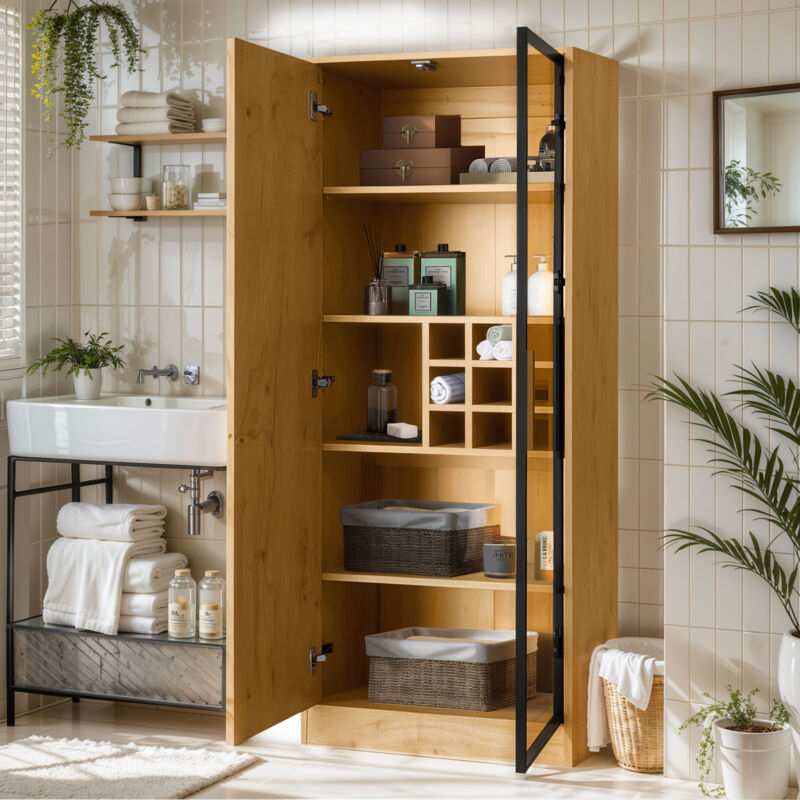 Vitrine 160 CM, Meuble de salle de bain avec porte vitrée et éclairage LED, convient pour salon chambre, couleur naturelle