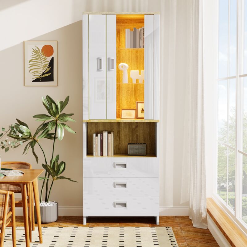 Dans Les Nuages - Vitrine, 181 cm, avec éclairage led, 3 tiroirs de rangement, 2 portes en bois et verre, étagères, vitrine pour bureau, salon,