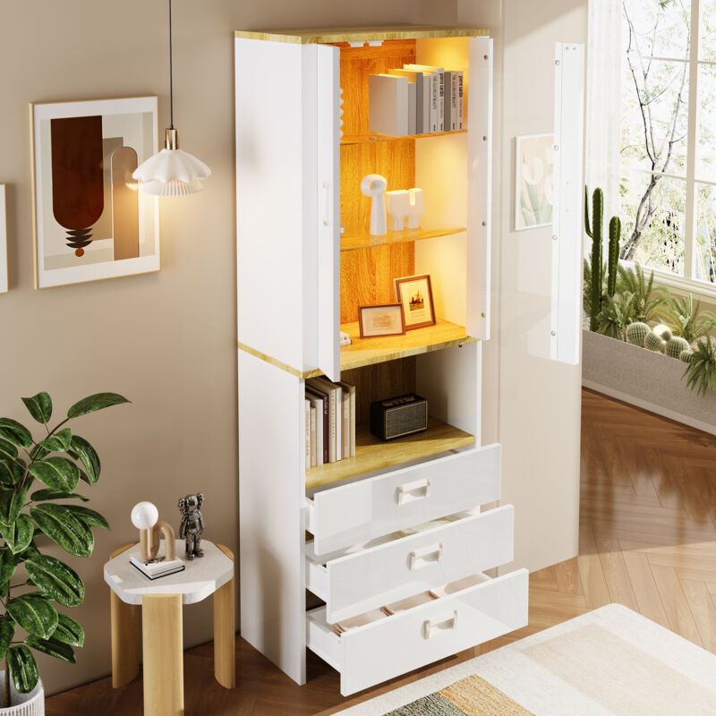 Hauss Spole - Vitrine 181,5cm, 3 tiroirs, meuble de rangement, porte vitrée transparente, éclairage led orientable, blanc