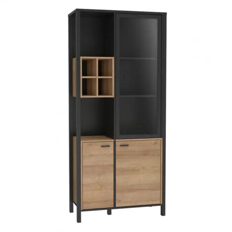 Vitrine 194 cm 3 portes 4 casiers décor bois de chêne et noir - MODE
