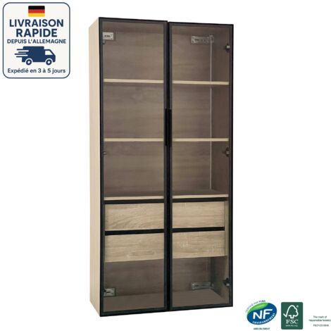 Vitrine 2 pièces, armoire, bibliothèque avec éclairage LED, 2 grands tiroirs et 2 portes, design fonctionnel - largeur 73 cm.