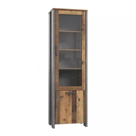 Vitrine 2 portes 6 niches bois vieilli et béton gris – Hauteur 205 cm x Longueur 62 cm x Profondeur 42 cm – Design moderne élégant – Meubletmoi