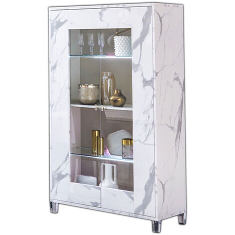 Vitrine 2 portes à Led bois blanc effet marbre vernis et verre trempé Botela 100cm