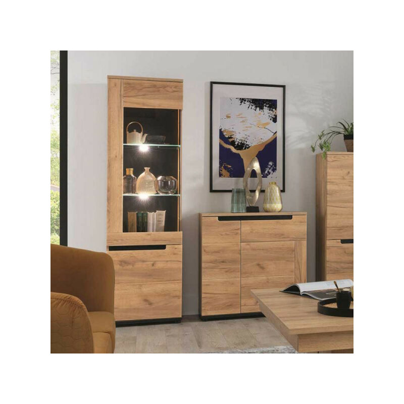 TMM - Vitrine 2 portes à led Chêne miel/Verre - cospri - l 55 x l 39.5 x h 192 cm