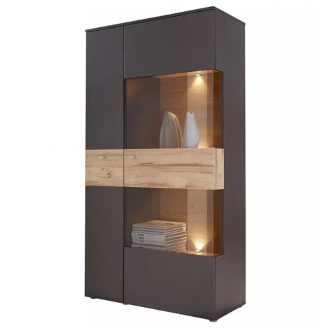 Vitrine 2 portes avec éclairage LED – Décor bois clair et gris anthracite – Système soft-close – Dimensions 90x168x41 cm – Meubletmoi