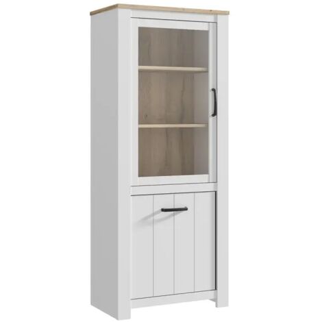 Vitrine 2 portes blanc mat et décor bois clair poignées noires - LEANE