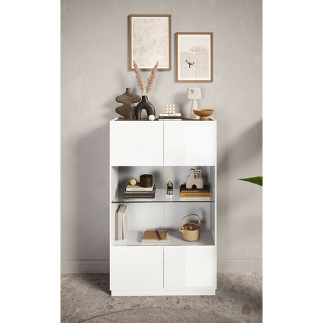 Tina Wh Basic vitrine de salon moderne 4 portes verre blanc brillant