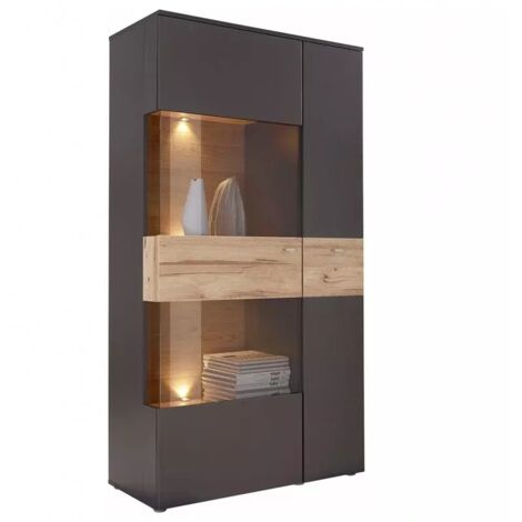 Vitrine 2 portes gauche bois clair et gris anthracite – Éclairage LED inclus – Système soft-close – Dimensions 90x168x41cm – Meubletmoi