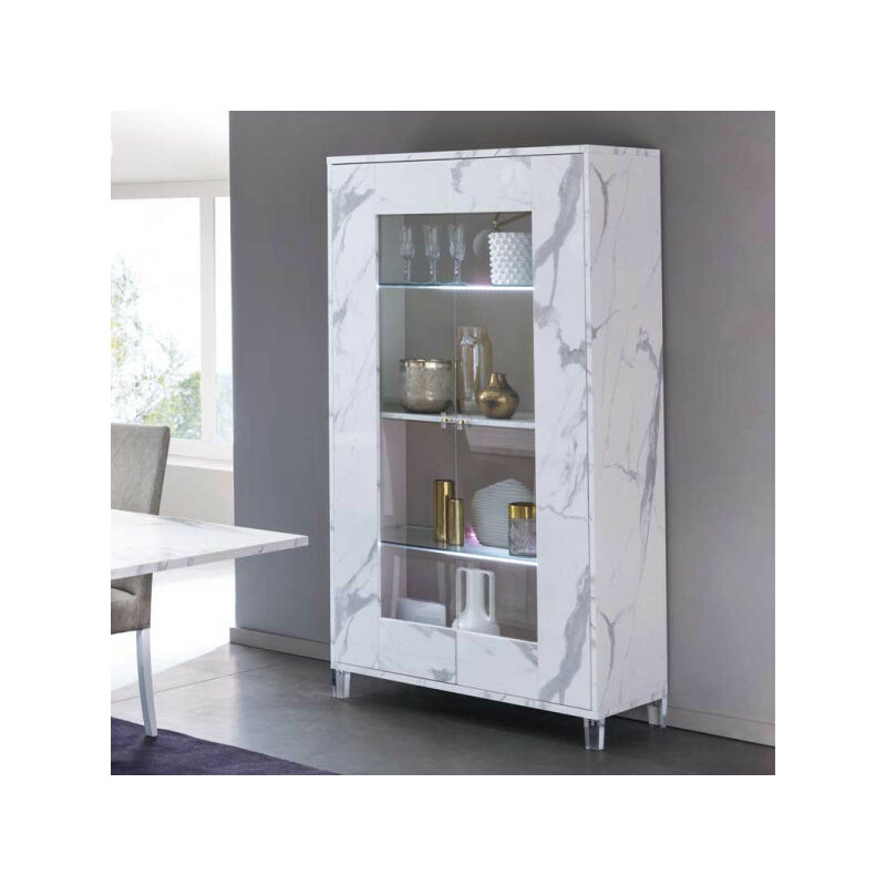 TMM - Vitrine 2 portes marbre blanc brillant à LEDs - carrare - l 100 x l 47 x h 191 cm