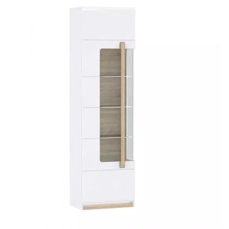 Vitrine 209 cm 1 porte blanc laqué décor bois clair avec éclairage LED – 3 étagères en verre trempé – Fabrication Europe – Meubletmoi