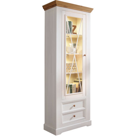 Vitrine 214cm hoch in Kiefer weiß mit Eiche, WARNA-69