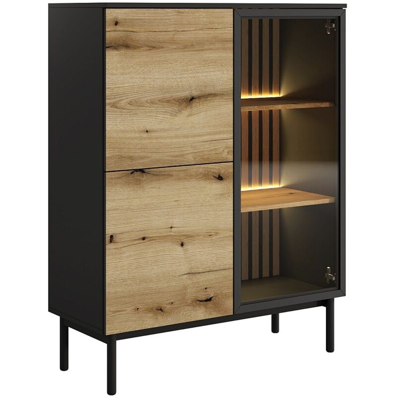 Vente-unique - Vitrine 3 portes avec LEDs - Naturel et noir - labenia