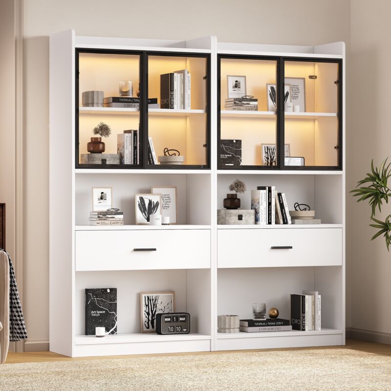 Vitrine 35,2x160x153,5 cm, avec éclairage LED, 1 grand tiroir, porte vitrée escamotable, idéale pour le salon et le bureau - Blanc