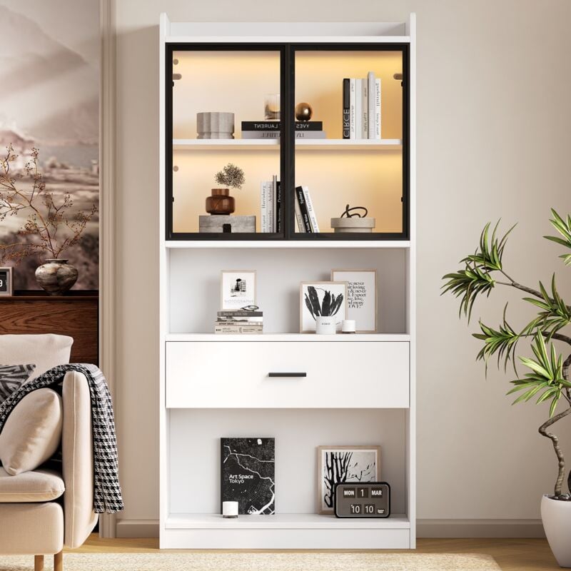 Eifson - Vitrine 35,2x80x153,5 cm, avec éclairage led, 1 grand tiroir, porte vitrée escamotable, idéale pour le salon et le bureau - Blanc