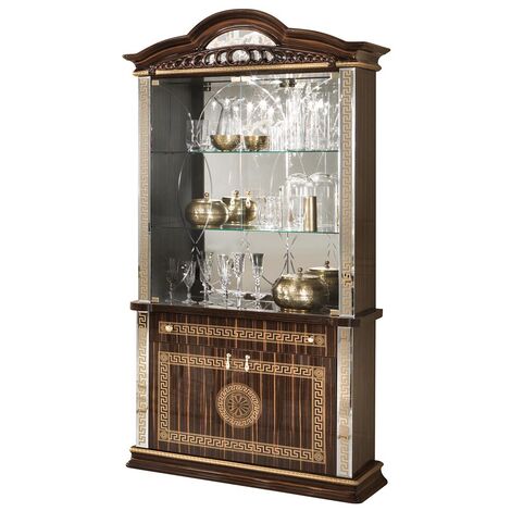 Vitrine 4 portes 1 tiroir bois vernis laqué brillant marron et doré Venus 105cm