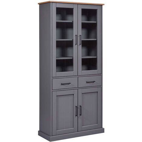 Vitrine 4 portes 2 tiroirs 90x38,4x190 cm en pin massif gris - TERA