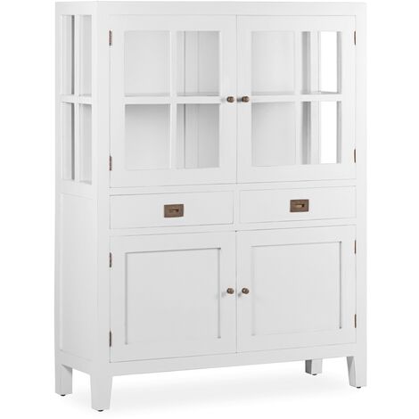 Vitrine 4 portes 2 tiroirs bois massif de mindi blanc Kourame 110cm