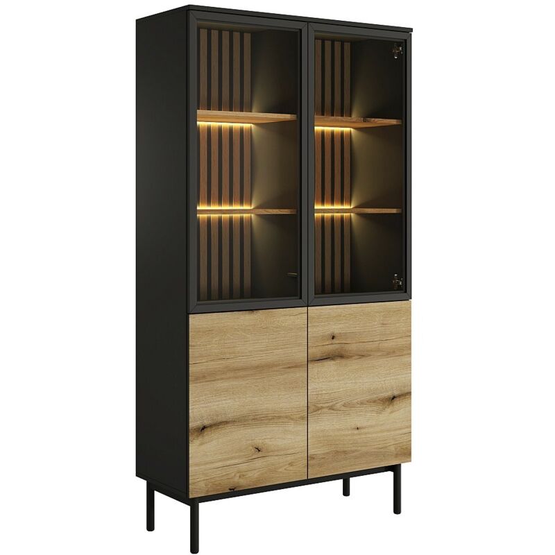 Vente-unique - Vitrine 4 portes avec LEDs - Naturel et noir - labenia