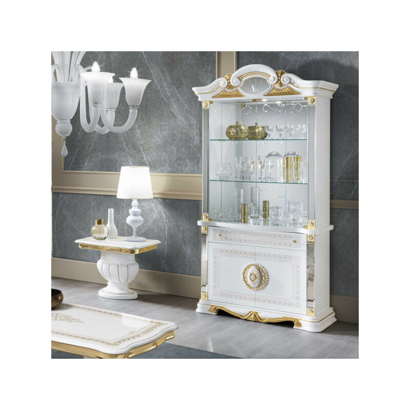 TMM - Vitrine 4 portes battantes Blanc/Or à Led - adele - l 105 x l 48 x h 213 cm