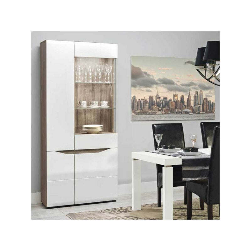 Vitrine 4 portes Blanc/Chêne à led - oniel - l 80 x l 40.5 x h 193 cm