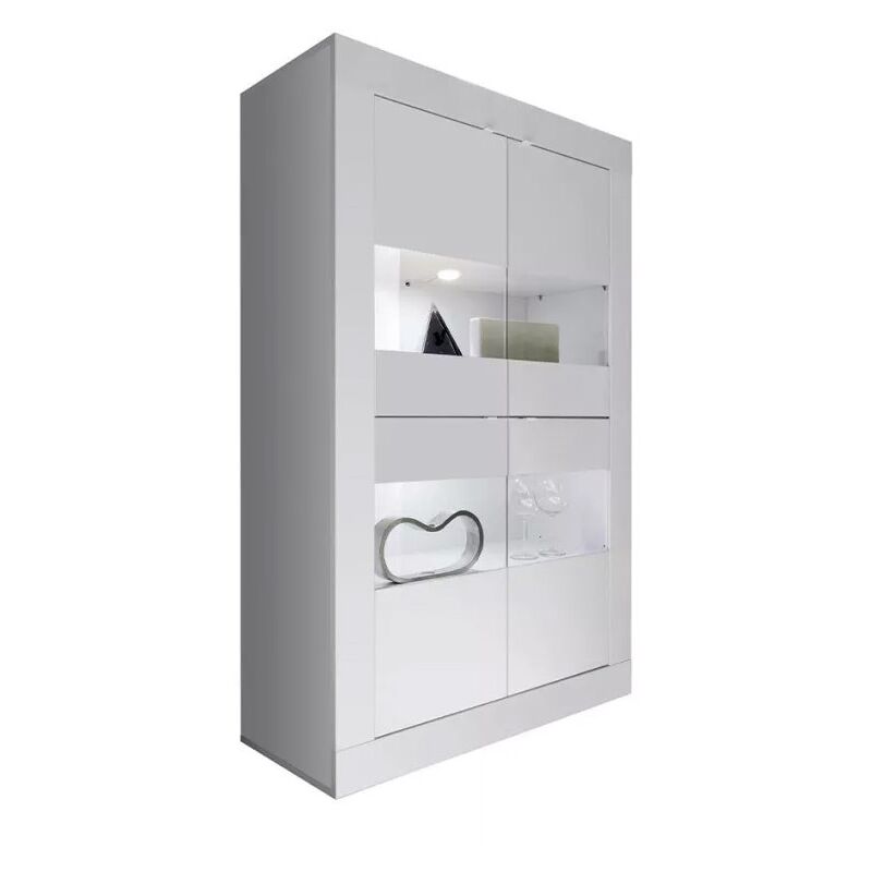 Meublorama - Vitrine 4 portes en verre sans éclairage, collection cisa, coloris blanc laqué brillant
